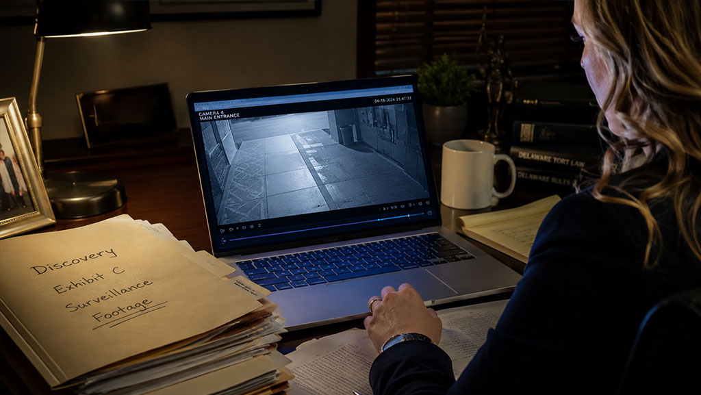 Personal injury attorney reviewing surveillance footage for a Delaware slip and fall case