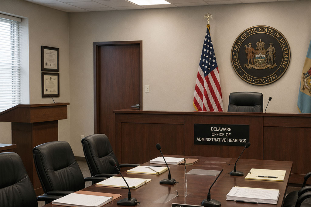 Industrial Accident Board hearing room for Delaware workers' compensation disputes