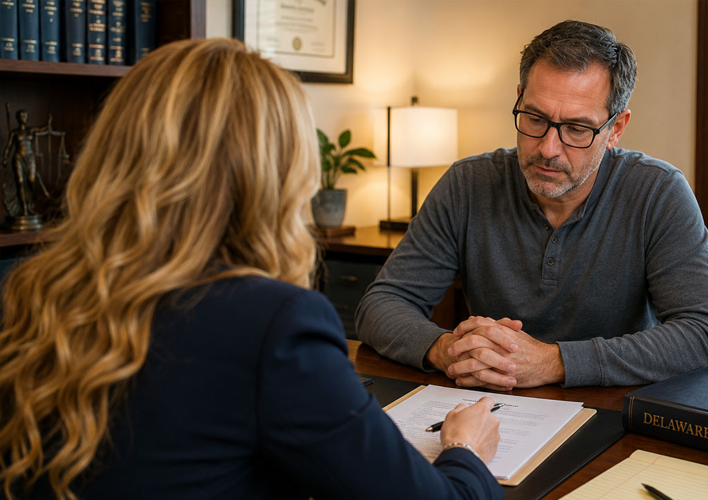 Personal injury attorney consulting with a client about an uninsured motorist claim in Delaware