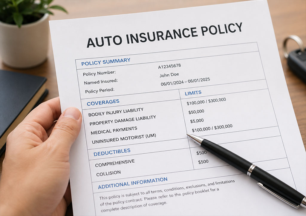 Auto insurance policy showing uninsured motorist coverage section in Delaware