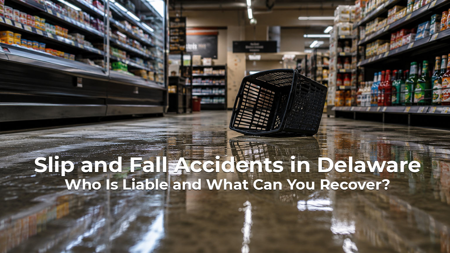  Wet floor in a Delaware store aisle without a warning sign, a common cause of slip and fall accidents