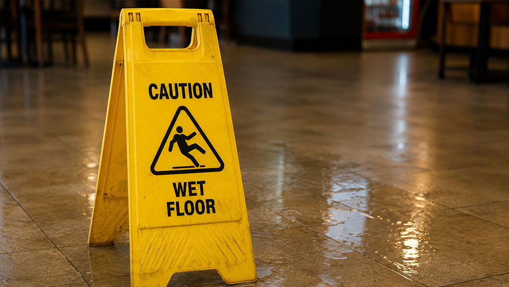 Wet floor caution sign at a Delaware business, a key piece of evidence in slip and fall cases