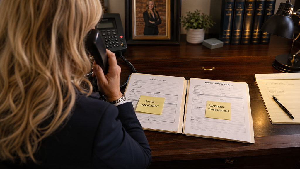 Attorney coordinating a Delaware client's PIP and workers' compensation claims by phone