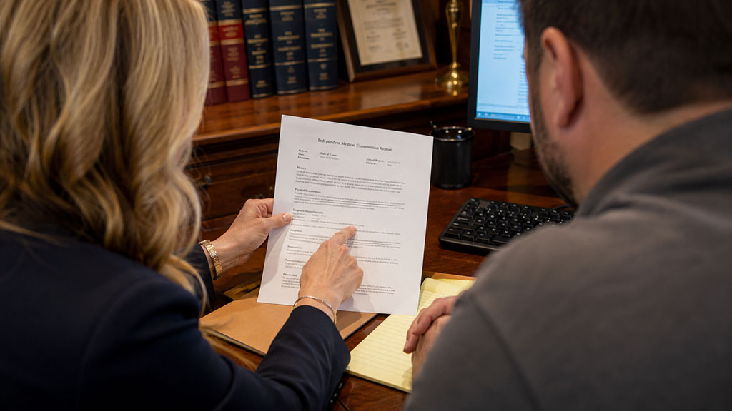 Attorney reviewing a Delaware DME report with an injured worker client