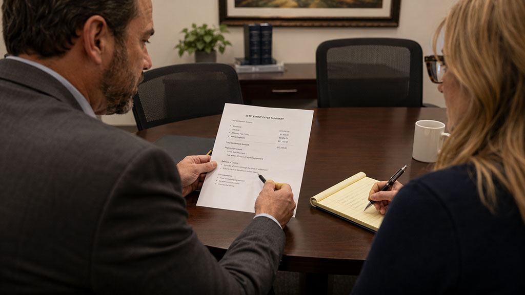 Attorney reviewing a Delaware workers' comp settlement offer with a client
