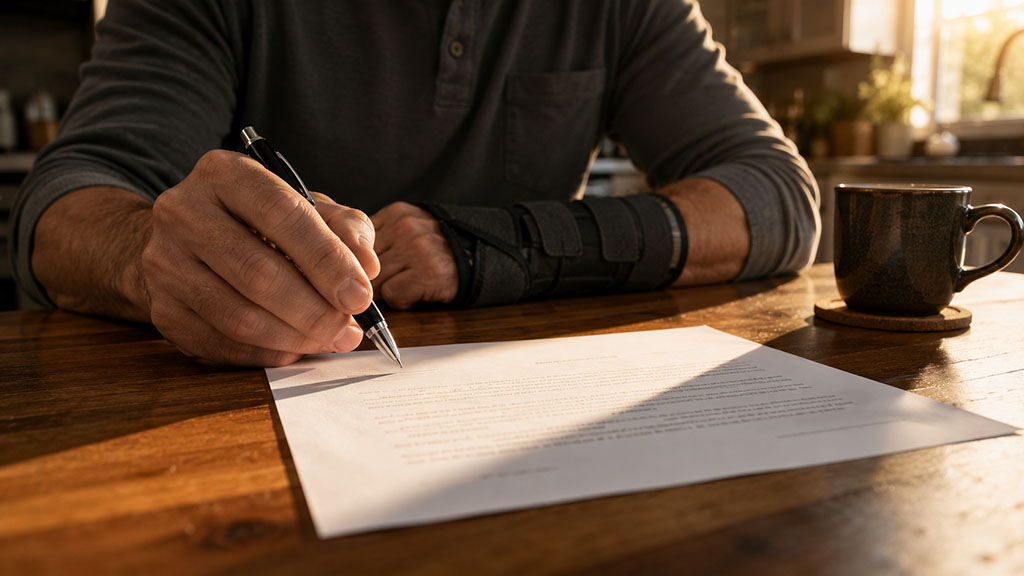 Injured worker pausing before signing a Delaware workers' comp settlement letter