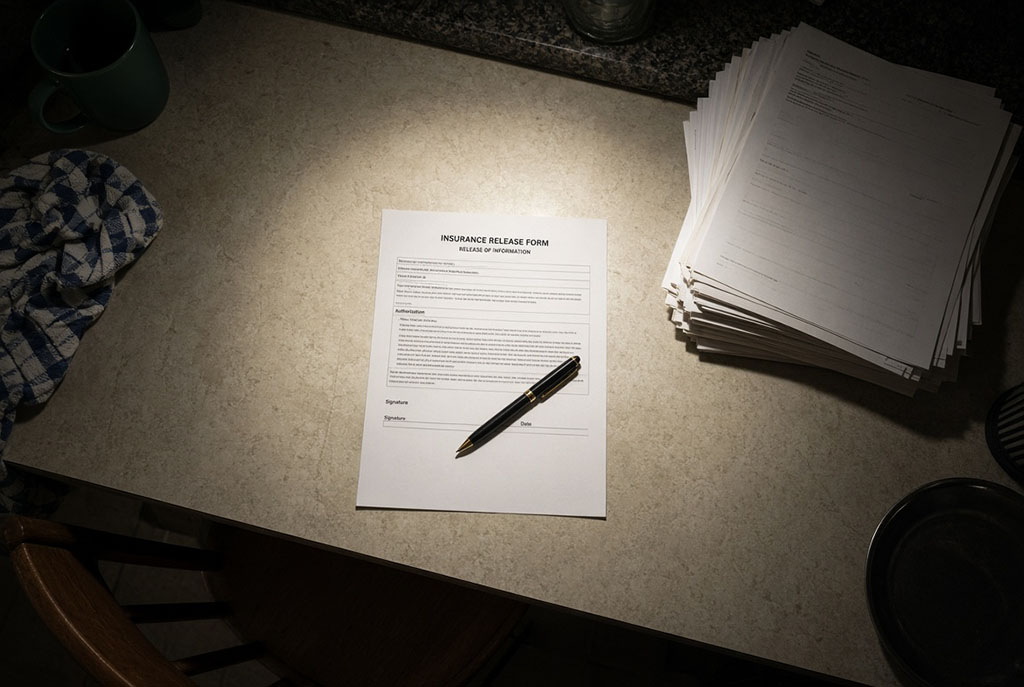 An unsigned insurance release form on a table after a fatal Delaware crash