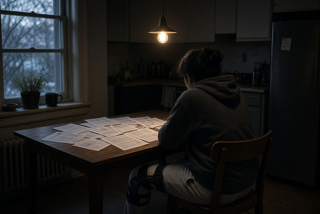 Injured Delaware worker reading a packet of job listings sent by the workers comp insurance company