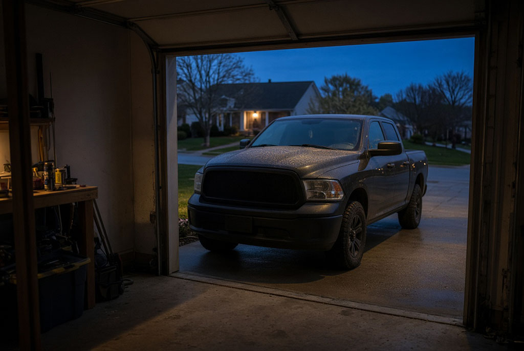 A work truck sitting unmoved in a Delaware driveway after a fatal car accident