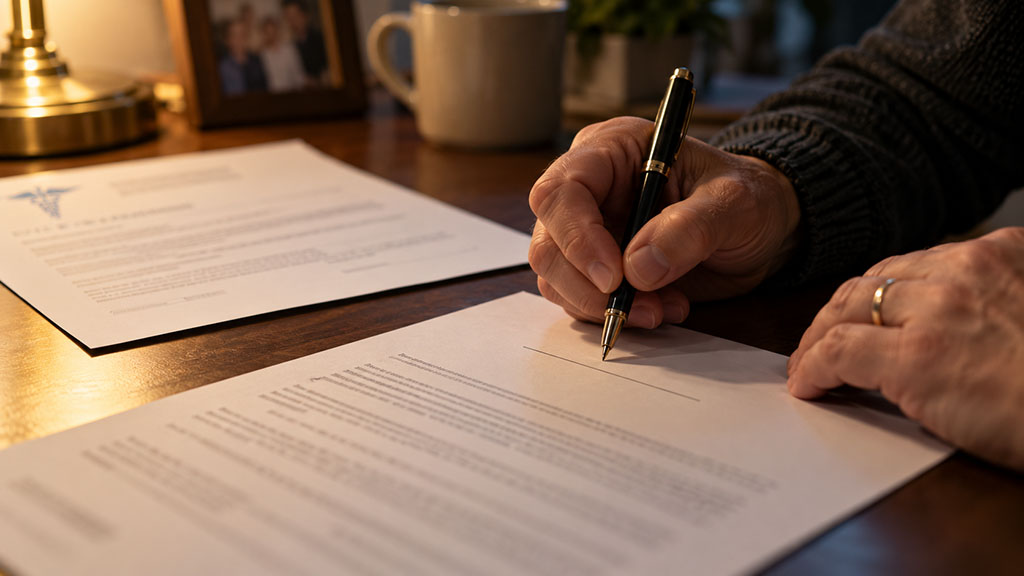 Injured worker pausing before signing a form that could end Delaware workers comp benefits