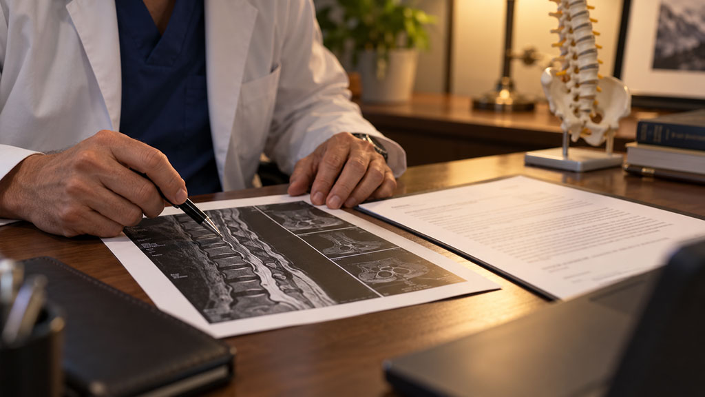 Surgeon reviewing imaging and office notes for a Delaware workers comp surgery dispute
