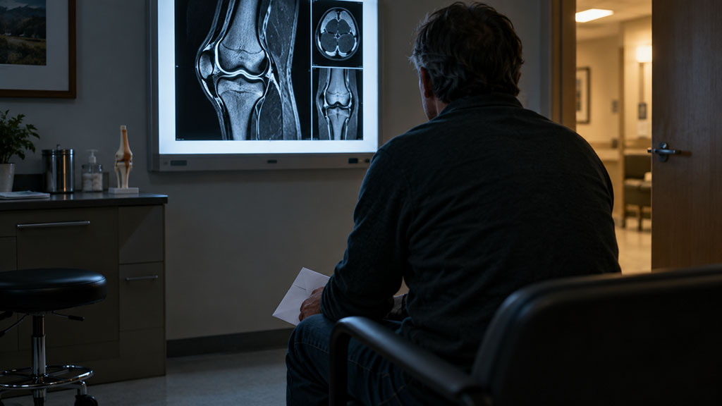 Injured worker holding a Delaware workers comp surgery denial letter while looking at an MRI
